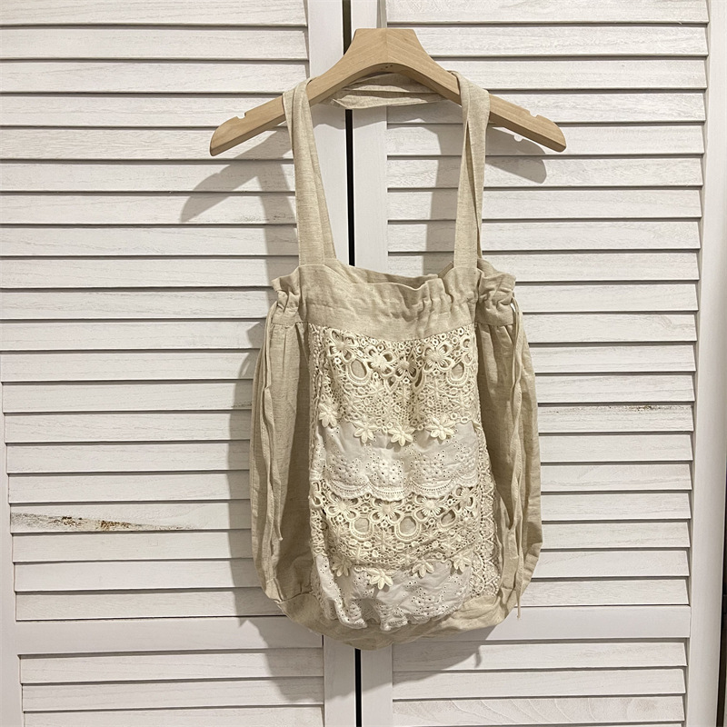 日系复古文艺棉麻单肩包可调节布袋子百搭慵懒蕾丝钩花布包