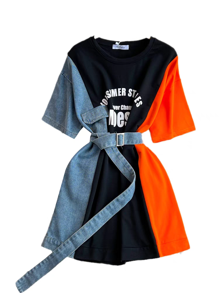 Damenbekleidung T-Shirt-Kleid mit Denim-Print und Rundhalsausschnitt, schlankmachende A-Linien-Kleidung_voghion.com
