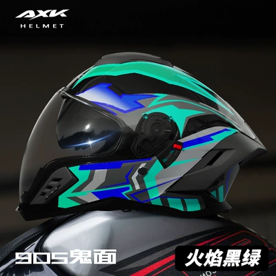 Motosiklet kaskı (dəbilqə) Men and Women, Suitable for All - foreign-trade-version-905-flame-black-and-green-double-mirror-drinking-water-full-face-helmet
