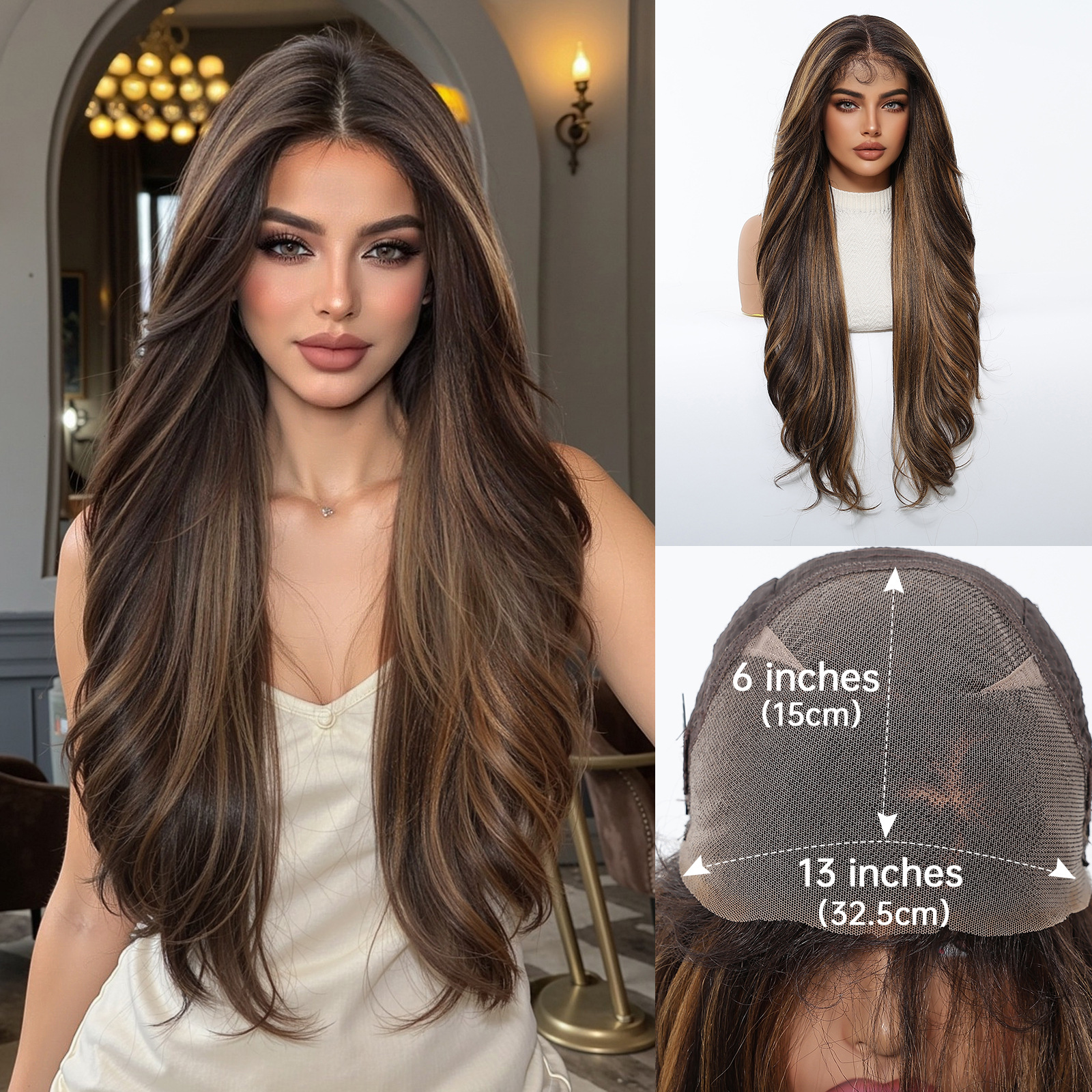 Peluca de encaje Futura de gran tamaño 13*6 para mujer, cabello largo y rizado en degradado marrón claro, peluca completa.