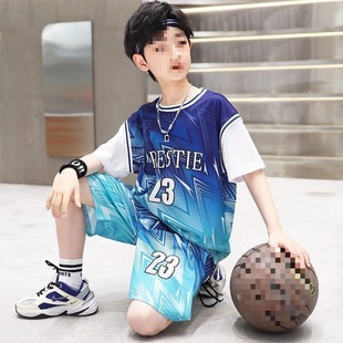 Boys Summer Suit 2025 New Handsome Basketball Uniform Short-Sleeved Medium and Large Kidsren's Clothing Boys and Kidsren's Sports Two-Piece Set