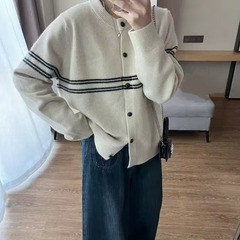 秋冬新款设计感撞色条纹毛衣外套宽松长袖韩版简约针织开衫上衣女