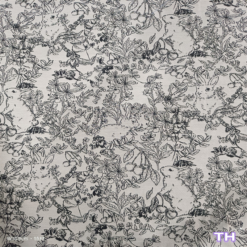 国风黑白兔子樱桃丛林动物提花布 箱包 乐福鞋材 渔夫帽 时装面料