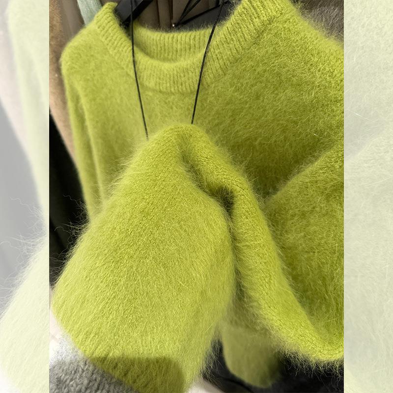 Soft Mink Velvet Fufu Thick Green Outer Top Waxy Milk Round Neck Pullover Sweater Women's Autumn and Winter Mohair