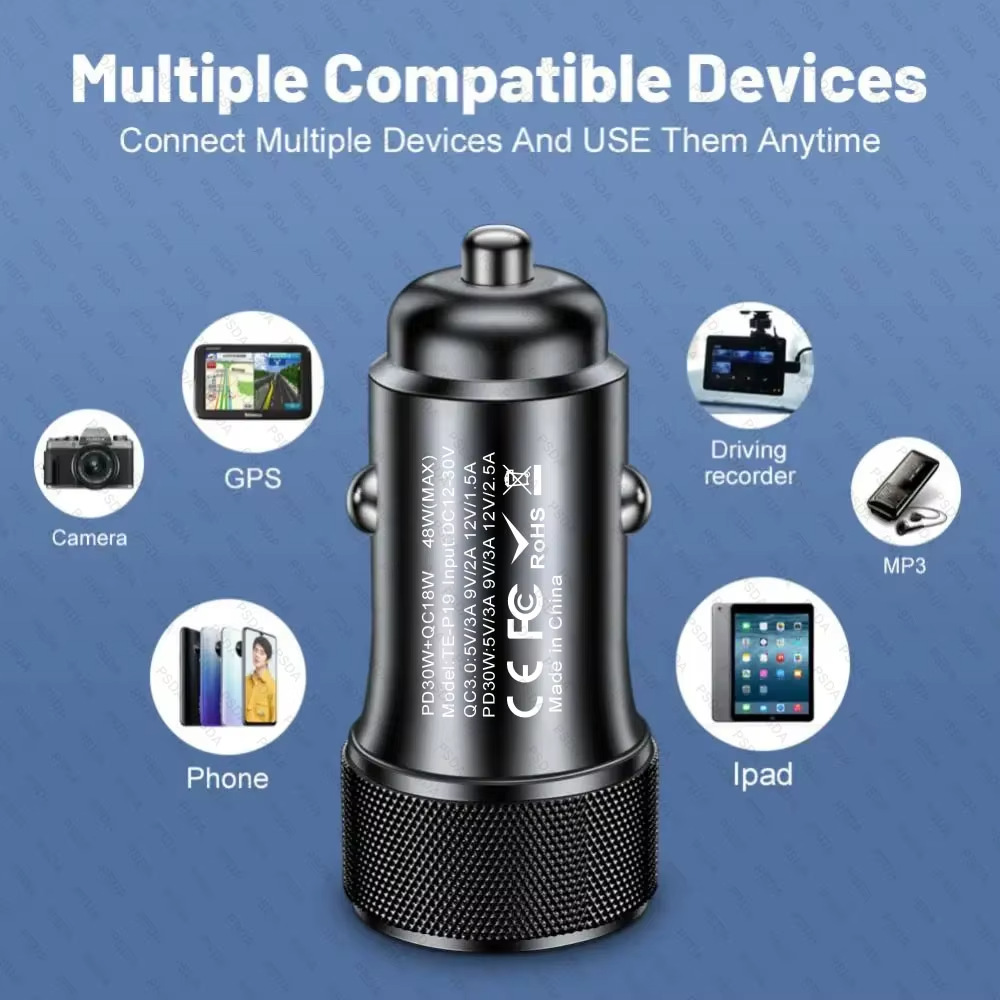 Cross-Border Hot-Selling 48W Qc3.0 Pd30W Car Fast Charger with Dual Ports