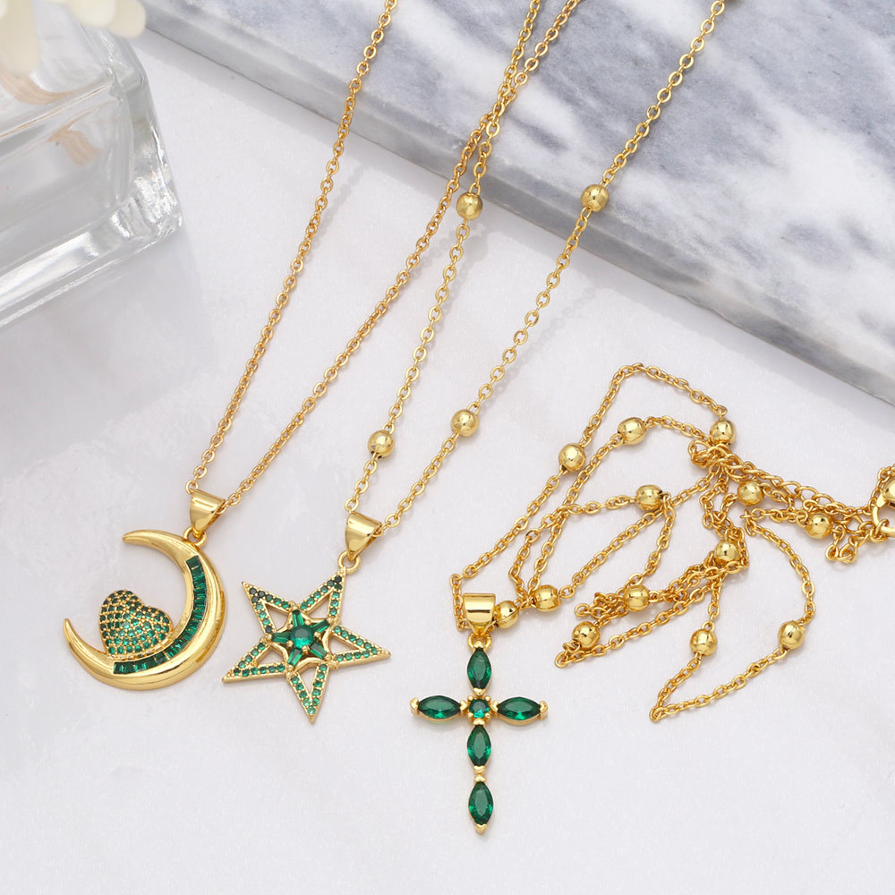 Fashion Emerald Zircon Cross  Moon Heart Pendant Copper Necklace