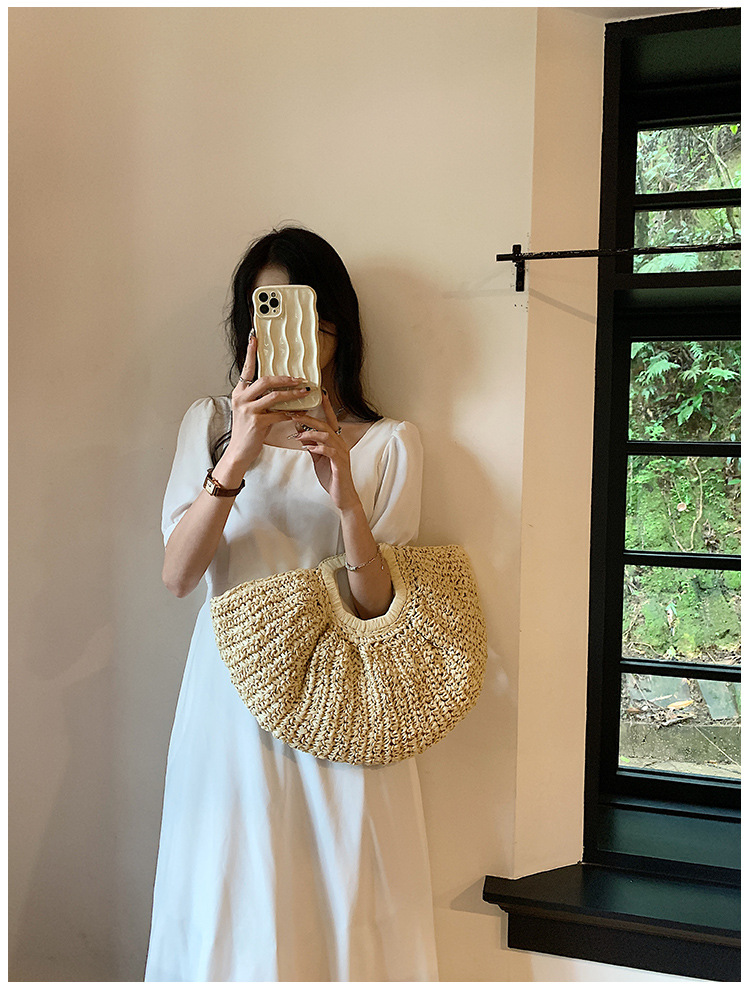 495g Weight Polyester Cotton Lining Material Open Closure Type Double Handle Strap Type Women's Medium Straw Solid Color Streetwear Semicircle Open Straw Bag