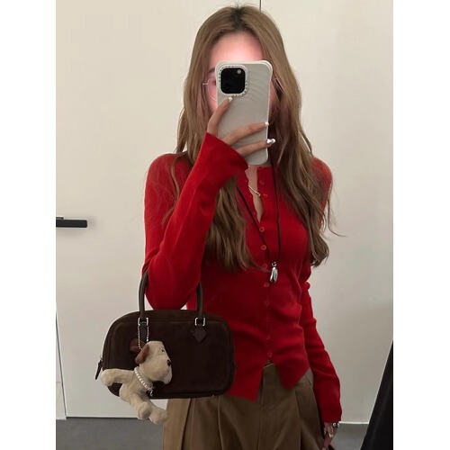 韩系红色针织开衫女早秋穿搭设计感圆领修身显瘦收腰长袖内搭上衣|undefined