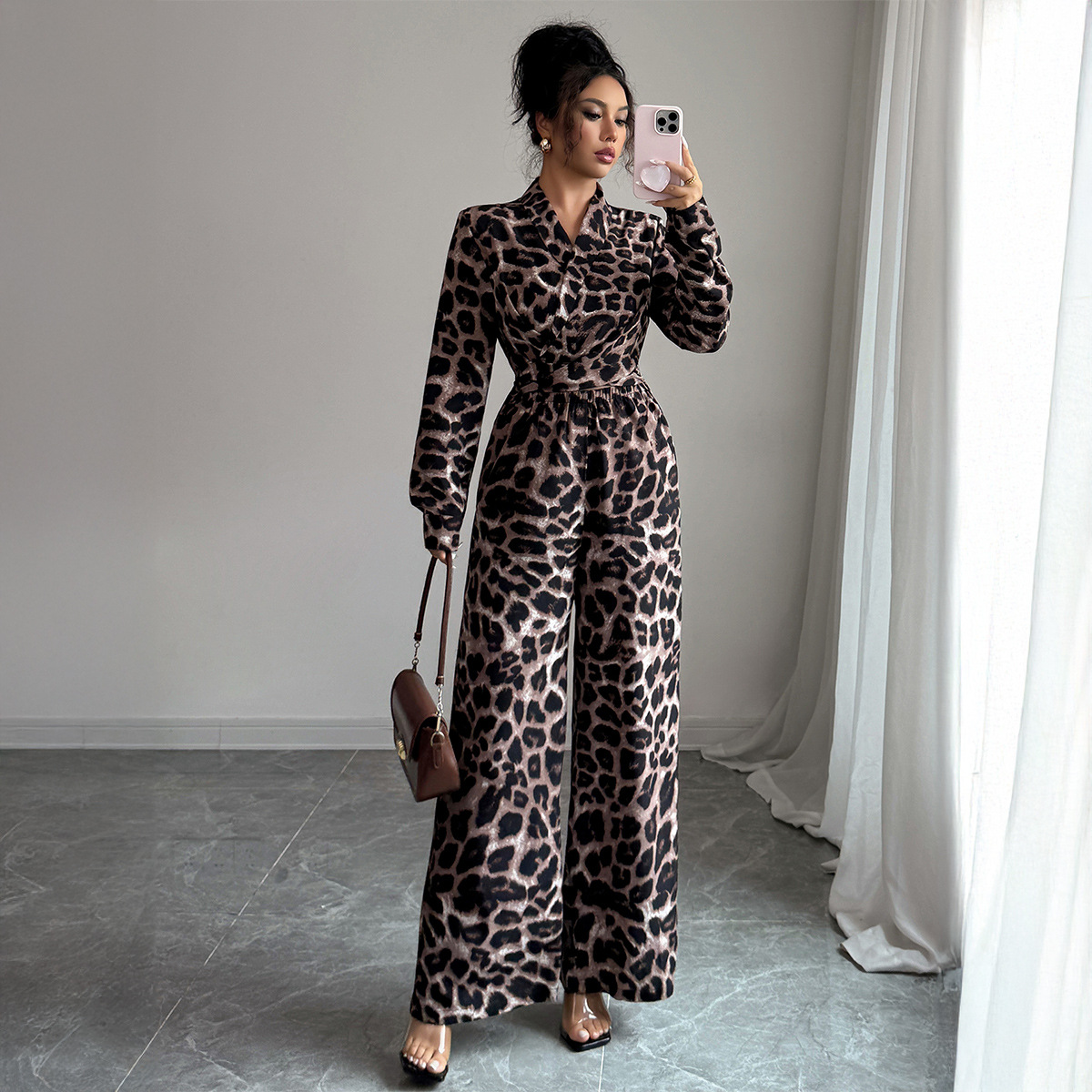 Cross-Border European and American Elegant Leopard Print Long-Sleeved Wide-Leg Pants Jumpsuit Women's Clothing 2025 Autumn and Winter Amazon Independent Station