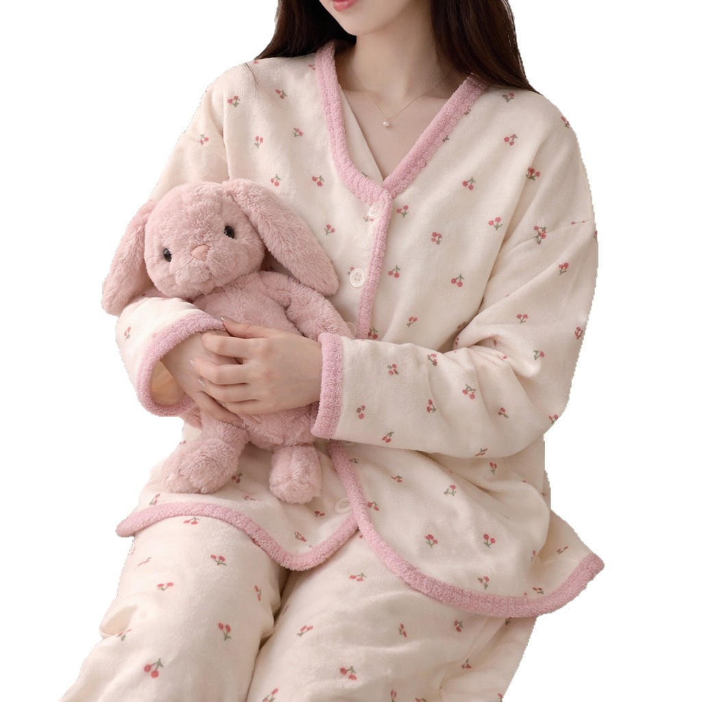 Cereza adorable aire algodón intercalado otoño invierno engrosado pijama mujer 2026 nuevo conjunto de ropa de hogar cálida de manga larga