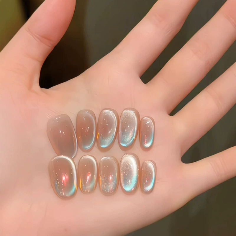 Yuanxi Aurora Bubble Handmade Wearable Nails Versatile Short Round Nude Color Nail Stickers with a Sense of Ambiance Purely Handmade