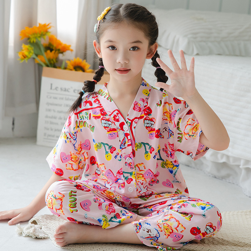 Summer Children's Cotton Silk Suit New Boys and Girls Short-sleeved Air-conditioning Suit Baby Cartoon Pajamas Cotton Silk Home Clothes