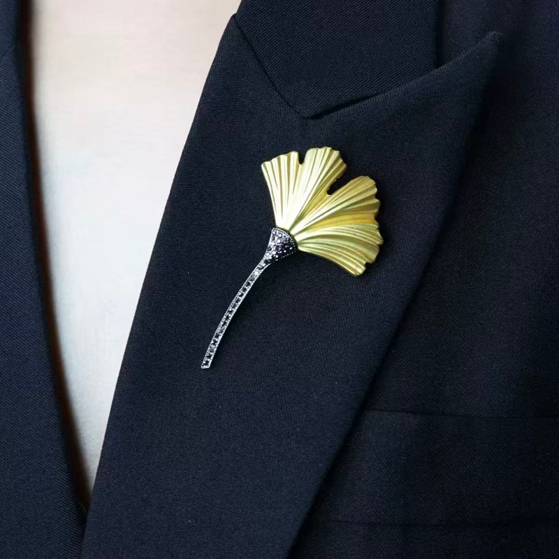 Vintage Plain Gold Gemstone Ginkgo Leaf Brooch European and American Plant Pin Fan-Shaped High-End Cross-Border Aliexpress
