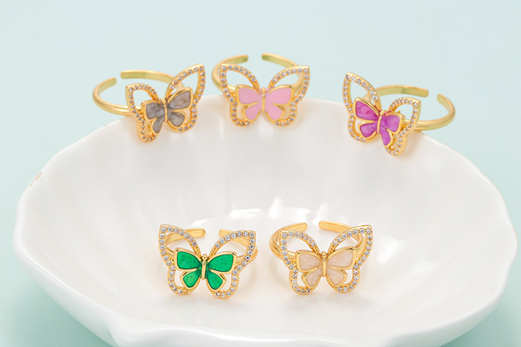 Korean Color Oil Drop Copper Micro-encrusted Zircon Butterfly Open Adjustable Ring display picture 3