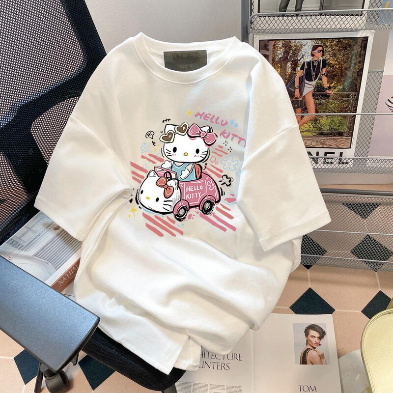 New Cute Kitty Cat Printed Pure Cotton Short-sleeved T-shirt Women's Summer Korean-style Loose Unique Chic T-shirt