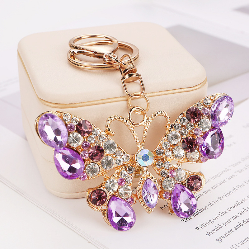 Cross-Border Hot-Selling Luxury Butterfly Keychain with Full Rhinestones, Rhinestone-Embellished Bag Pendant, European and American Style Foreign Trade Gift Wholesale