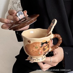 かわいいセラミックマグカップ大容量蓋付きスプーンカップコーヒーミルク朝食カップ家庭用オフィスカップ