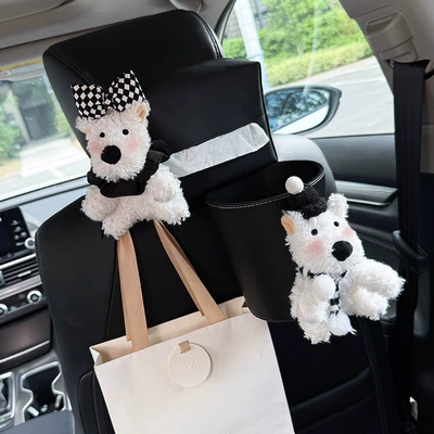 West Highland Car Tissue Box Trash Can Two-In-One Car Front and Rear Seat Back Hanging Paper Bag Female Cute (Car tissue box/set) - west-highland-black-check-knot-left-black-bagbuckethook