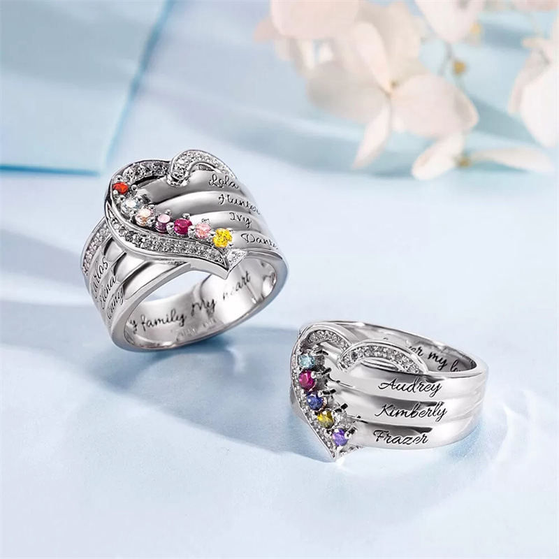 Zero Power Jewelry 925 Sterling Silver Ladies Heart Carving 1-8 Name And Birthstone Rings One Piece Minimum Order