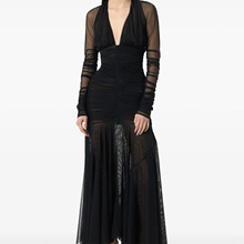 深圳南油高定女装新款时尚长袖深V领高腰显瘦包臀网纱拖地连衣裙