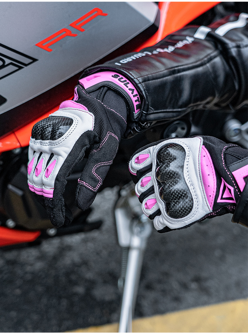 Sulaite Summer Motorcycle Gloves Breathable Touchscreen Carbon Fiber Shell Anti-Fall Full Finger Motorcycle Gloves for Women