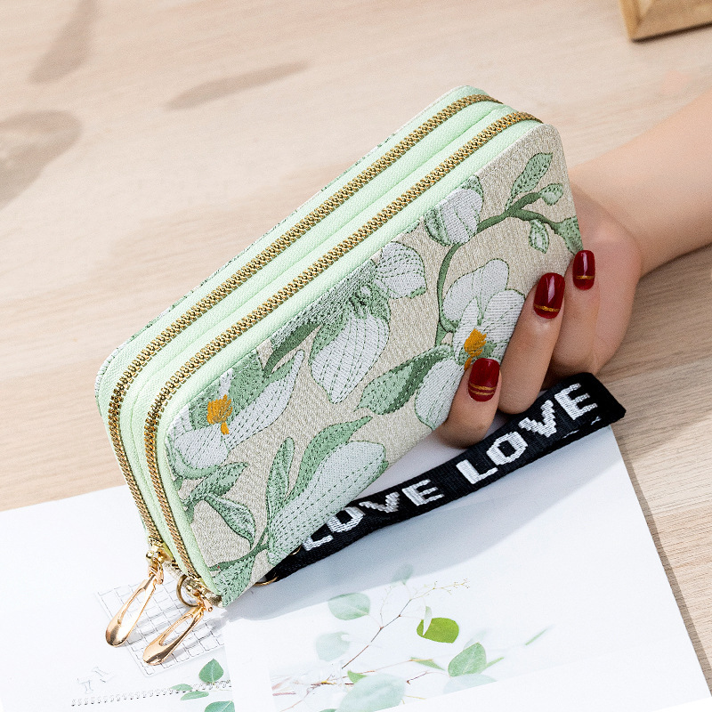New women's long wallet, double-zipper phone pouch, student-style studded coin purse, large-capacity handbag, soft coin purse