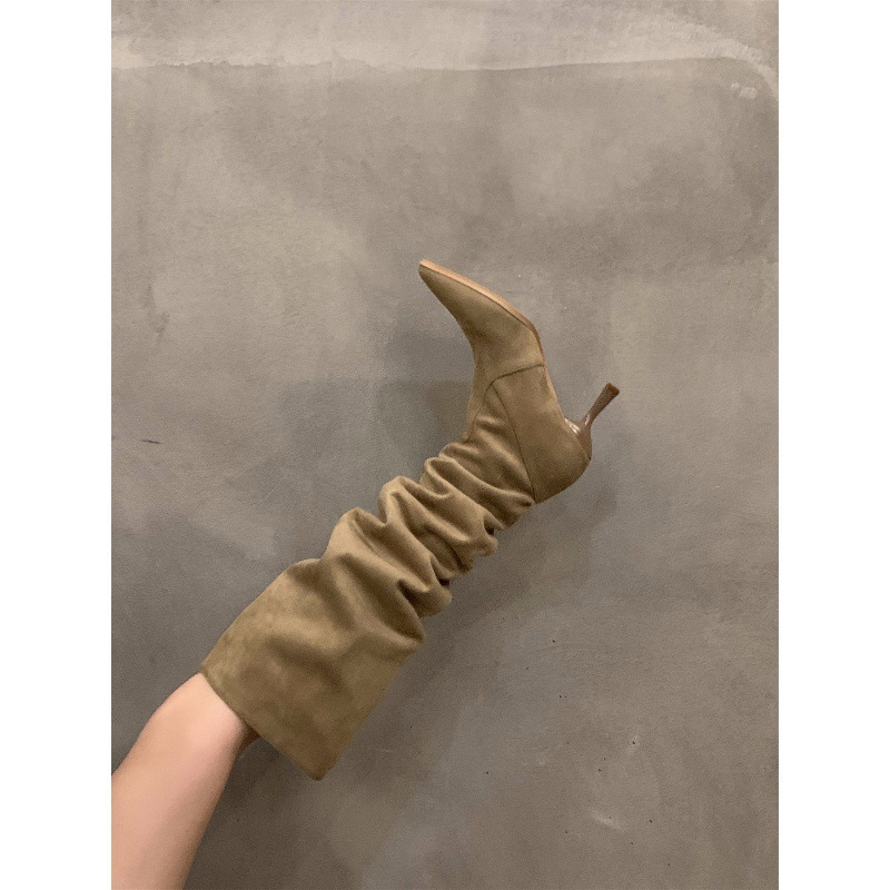 High heel Khaki over the knee pile boots women's new fall/winter pointy skinny knight boots_voghion.com