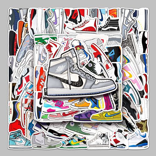 84 non-repeating cartoons of trendy sneakers, suitcases, graffiti trolley cases, notebooks, scooters, self-adhesive stickers