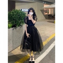 设计感法式欧根纱连衣裙女装2024年夏季新款气质收腰名媛黑色长裙