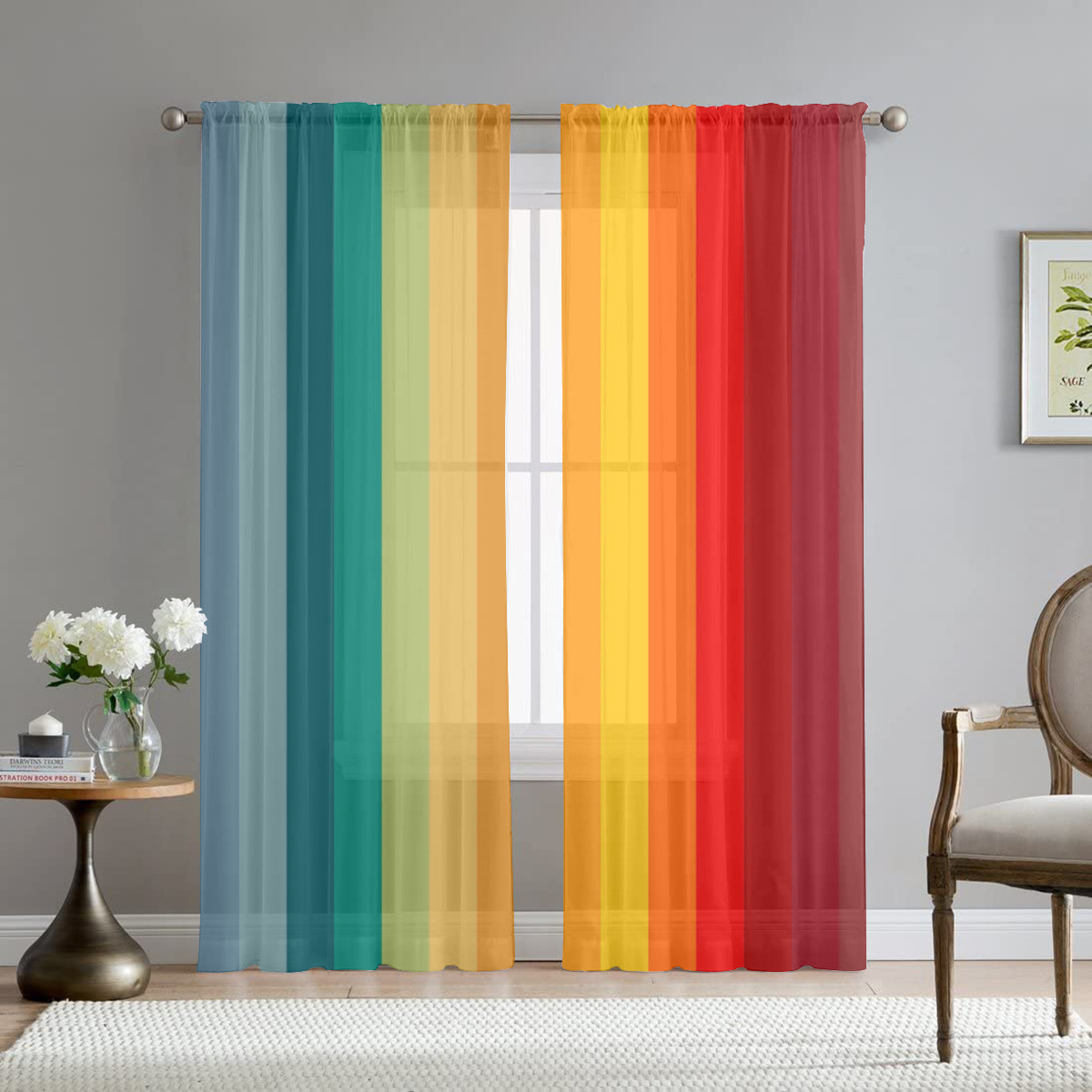 Amazon ins Rainbow Striped Window Screen Curtain Living Room Bedroom Decorative Curtain Pervious Curtain Gauze Curtain