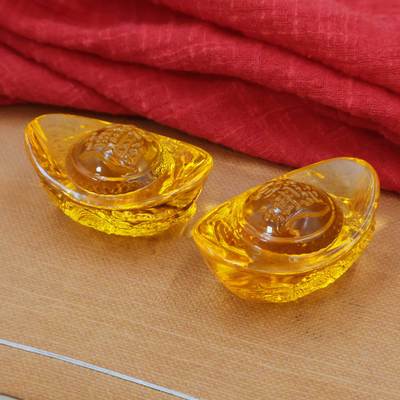 黄铜招财元宝摆件双龙戏珠实心水晶琉璃家居客厅办公室聚宝盆饰品