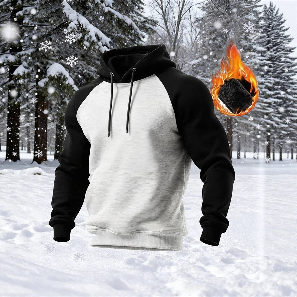 Monochrome Man- Foreign Trade European And American New Winter Casual Color-Blocked Men's Fleece-Lined Thick Pullover Hooded_voghion.com