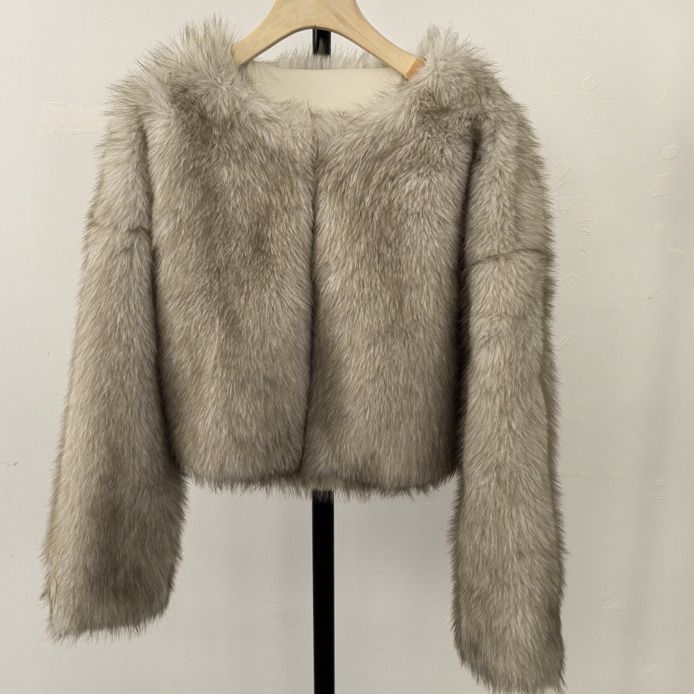 Women's Clothing Eco-Friendly Faux Fur Coat Winter Short Jacket Soft Plush Round Neck Fashion Outerwear Custom Colors (White/Cream, Grey/Cream, Brown)_voghion.com