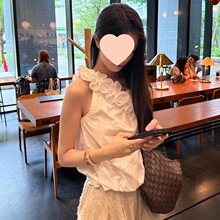 夏季新款设计感法式白色立体花朵斜肩背心女花苞显瘦上衣磨毛其他