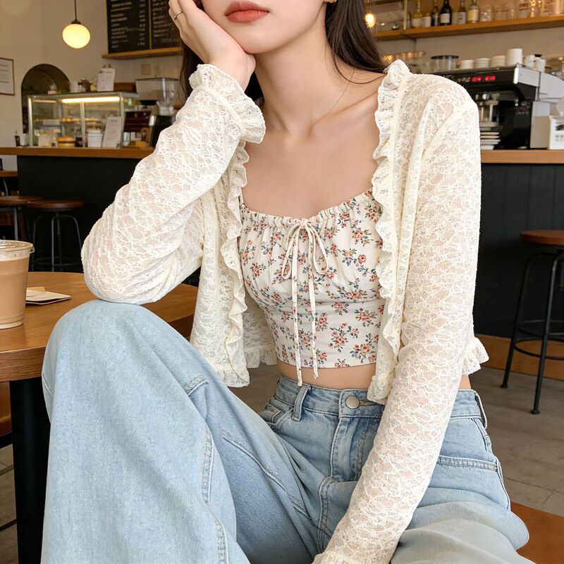 2026 French-Style Lace Slimming Women's Outfit with Strapless Shawl Beach Dress Cardigan Pure Desire Lace Hollow-Out Jacket