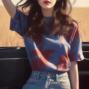 Summer Korean Style Stylish Age-reducing Unique Chic Beautiful Top Fashion Casual Blue Printed Short-sleeved T-shirt