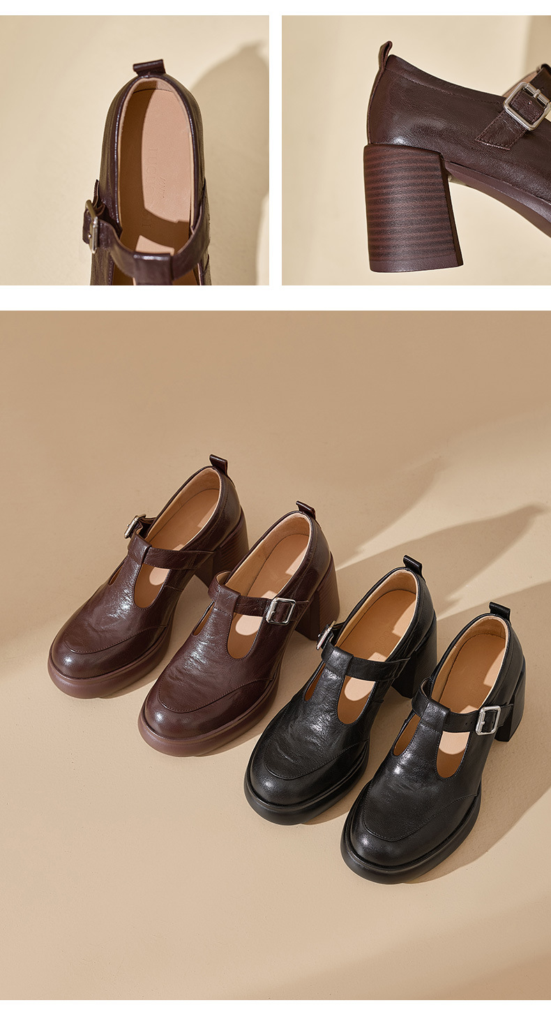Giày Mary Jane nữ da cừu cao gót 6 cm phong cách vintage — màu nâu chi tiết 10