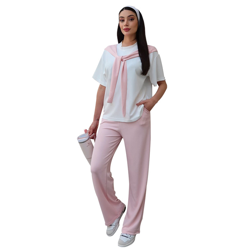 Women's Clothing Women's Faux Wrap Short Sleeve Top And Straight Leg Pants Set Patchwork White Round Neck Summer Fashion Casual Outfit_ecoleips.com