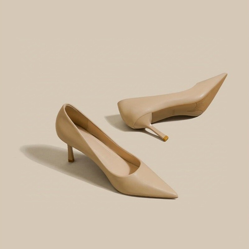 Nude Pointed Toe Thin Heel High Heels Women 2026 New Soft Leather Plaid Commuter Professional Work Shoes Single Shoes