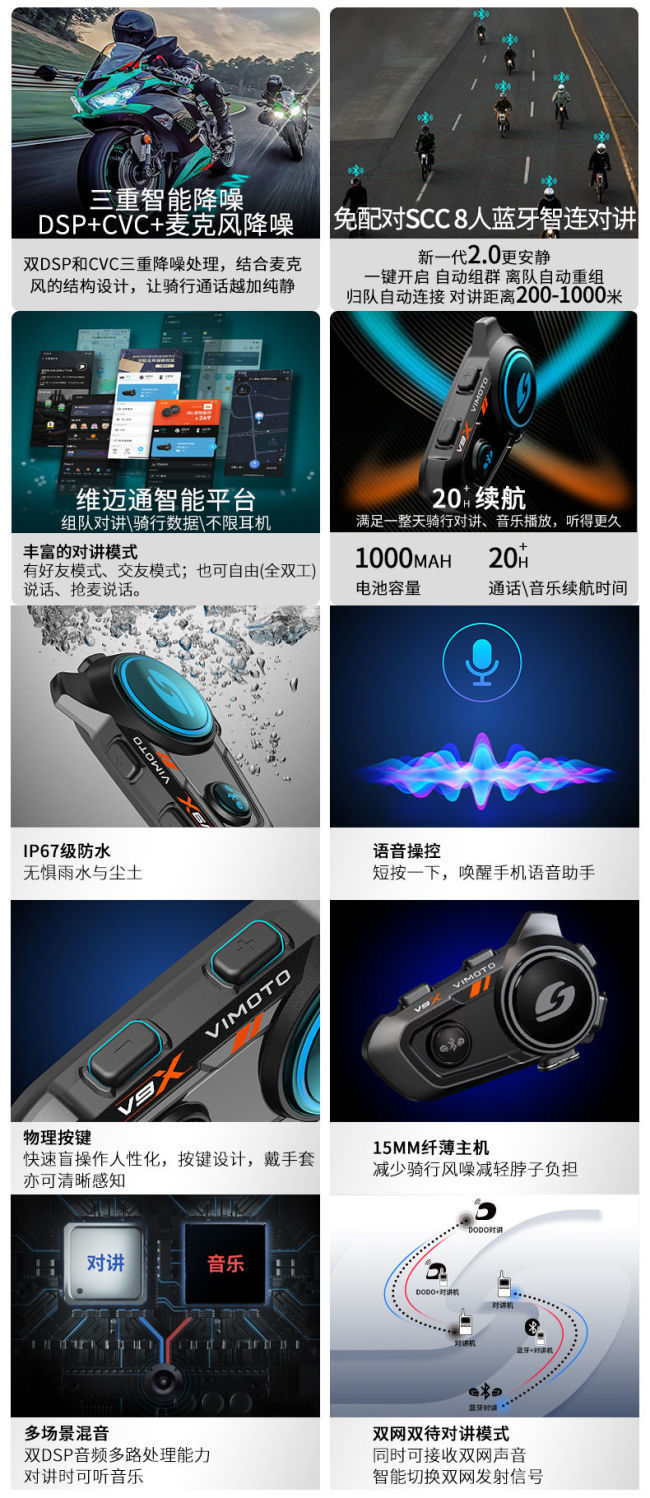 KRf Vidon Helmet Bluetooth Headset V8SV9SV9X Motorcycle Built-in Waterproof Cycling Intercom for Men and Women