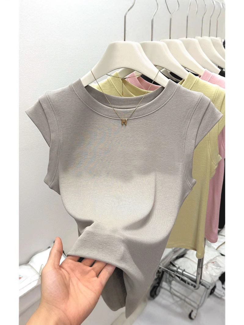 2026年夏新作、小飛袖ラウンドネックタイトフィット半袖Tシャツ、女性用スリムフィットショート丈シンプルエレガントデイリートップス