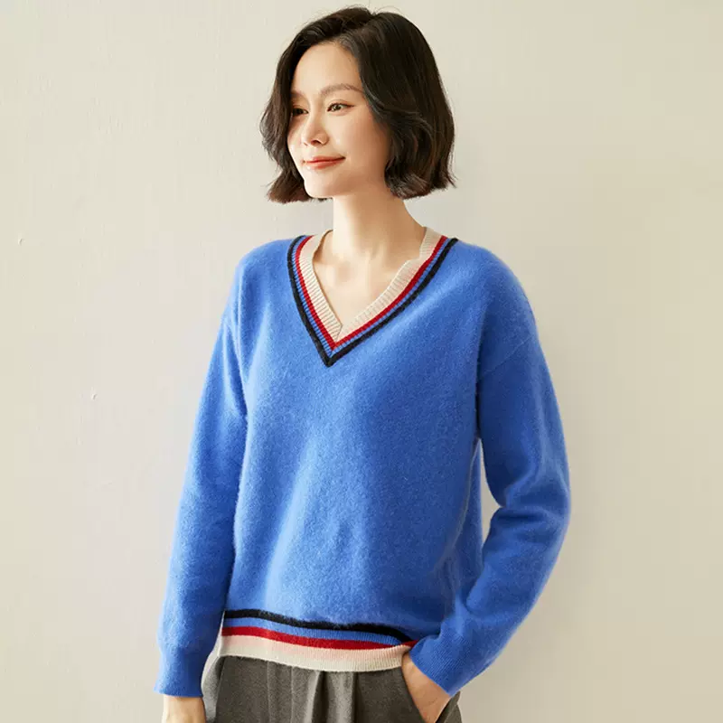2025年秋冬新款山羊绒V领针织衫长袖女拼色软糯保暖设计感羊绒衫