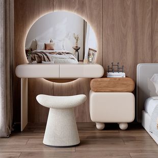 New Light Luxury Cream Style Dressing Table Large Round Mirror Internet Celebrity Style Bedroom Small Apartment Modern Simple Dressing Table Wood