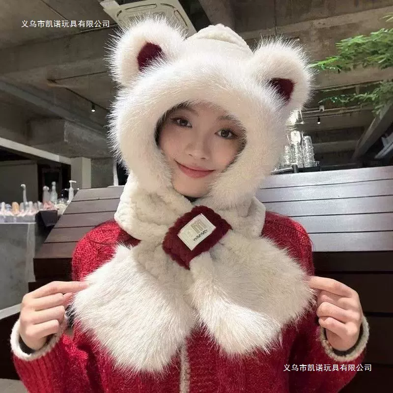 2025新款防寒保暖小熊毛绒帽子围巾手套一体女冬季加厚护耳骑行帽
