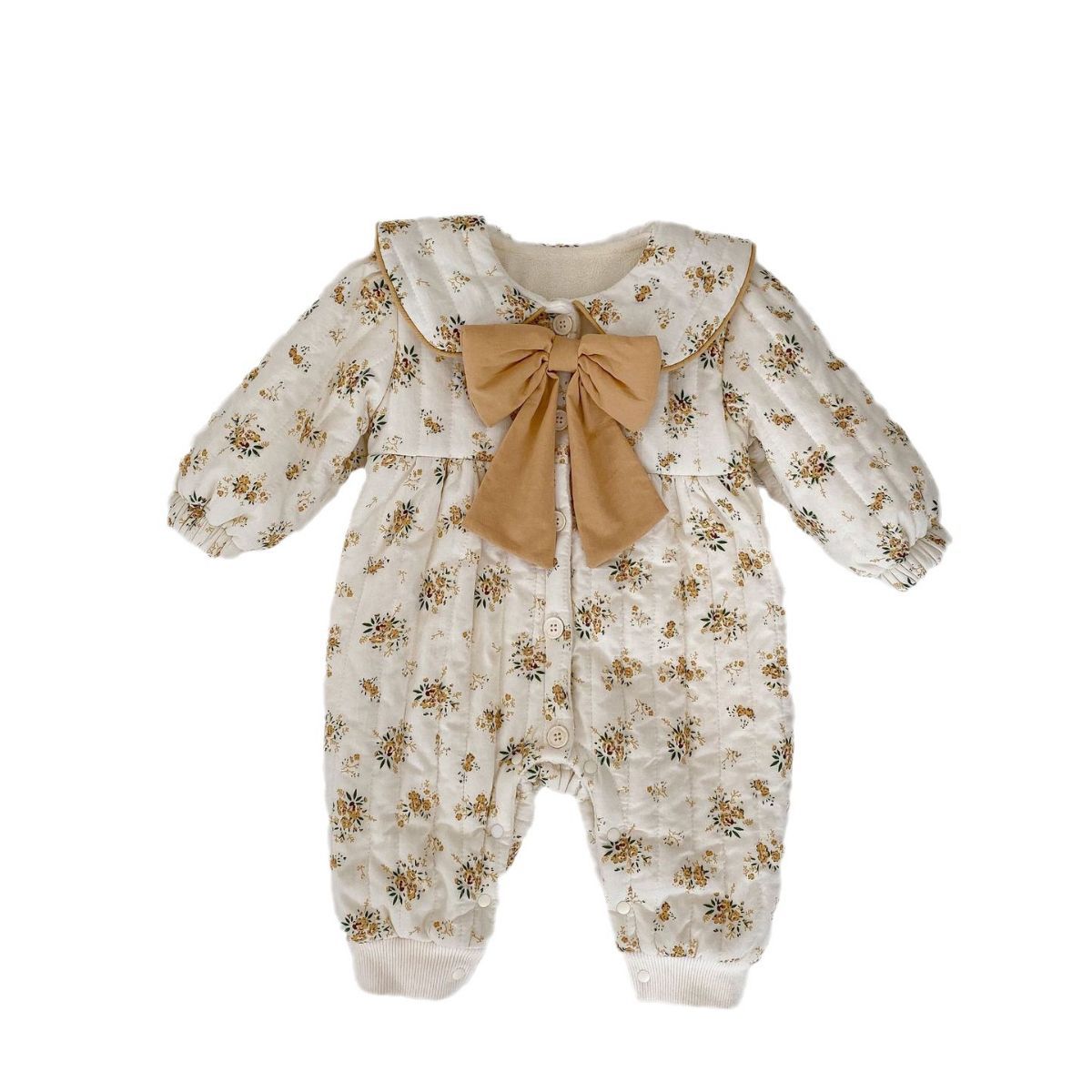 Invierno engrosada caliente mono del bebé dulce floral arco manga larga mameluco bebé niña forrado de lana mameluco