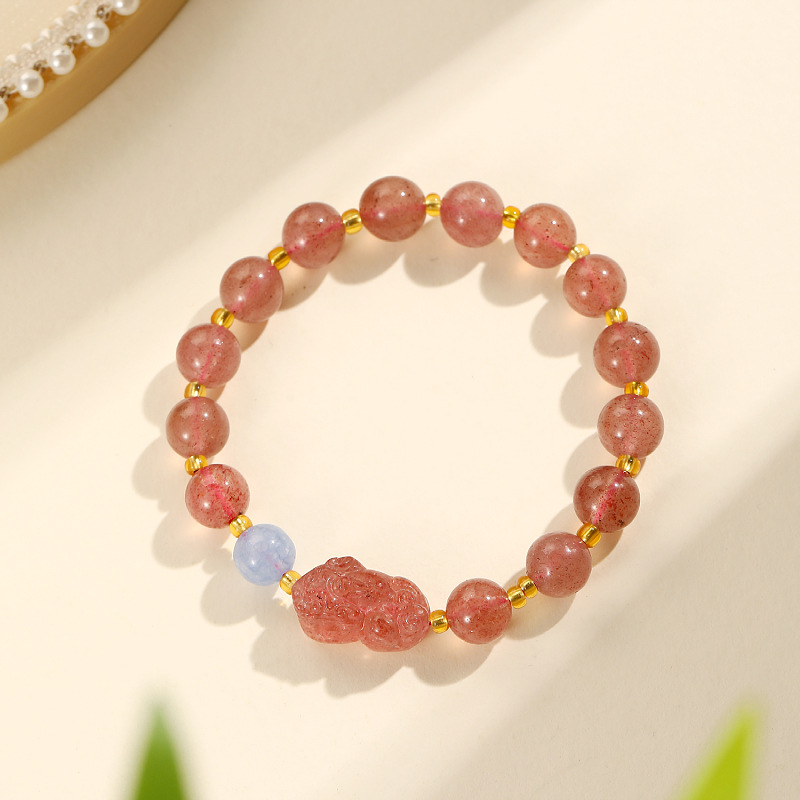 Armband für Frauen Xiaohongshu gleichen Stil Erdbeerkristall rosa Kristall Pixiu Armband natürliche Aquamarin Achat Armband rosa für Frauen_voghion.com
