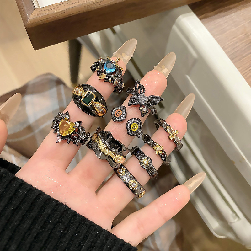 歐美暗黑風朋克個性分色時尚開口戒指無性別風簡約潮酷小眾食指環