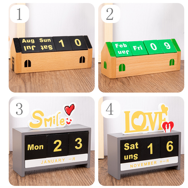 Fábrica de origen adornos de escritorio calendario de madera acompañante regalos de mesa fecha tarjetas de fotos accesorios calendario de mesa de madera