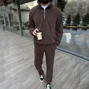2025 Spring and Autumn New Men's Sweatshirt suit Cross-border European and American Simple Casual Trendy Men's Set Collar Half Zipper Corduroy
