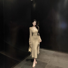 慵懒风气质长袖针织外套女秋季休闲套装挂脖连衣裙鱼尾裙子两件套